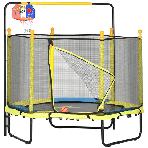 4.6ft Kids Trampoline with Basketball Hoop, Horizontal Bar, Yellow