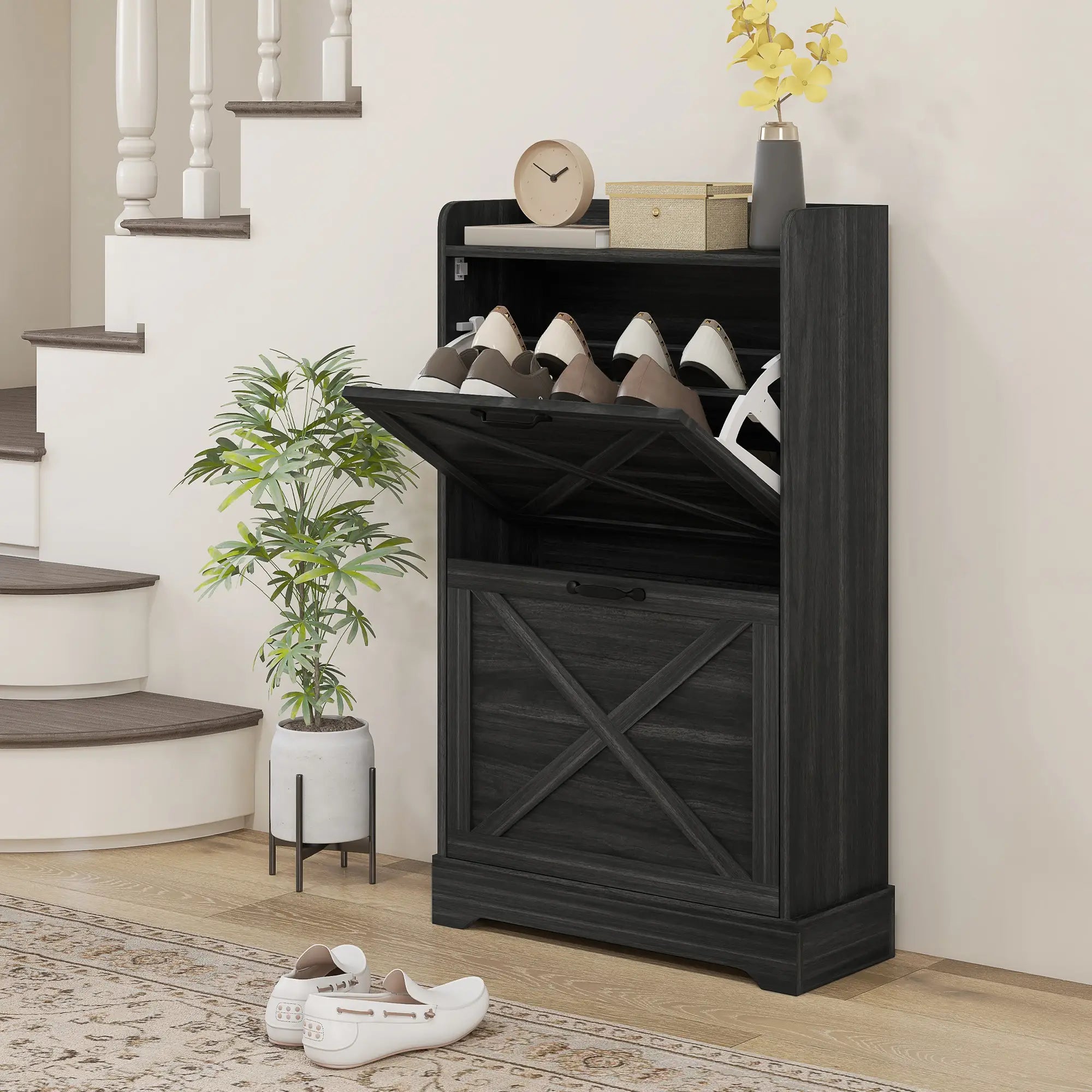 Slim Shoe Storage Cabinet, 2 Flip Drawers, Adjustable Shelves, Distressed, Grey Shoe Storage Cabinets & Racks at Gallery Canada