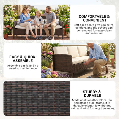 3-Seater Wicker Sofa, PE Rattan Outdoor Couch, Removable Cushions, Brown Patio Furniture Sets at Gallery Canada