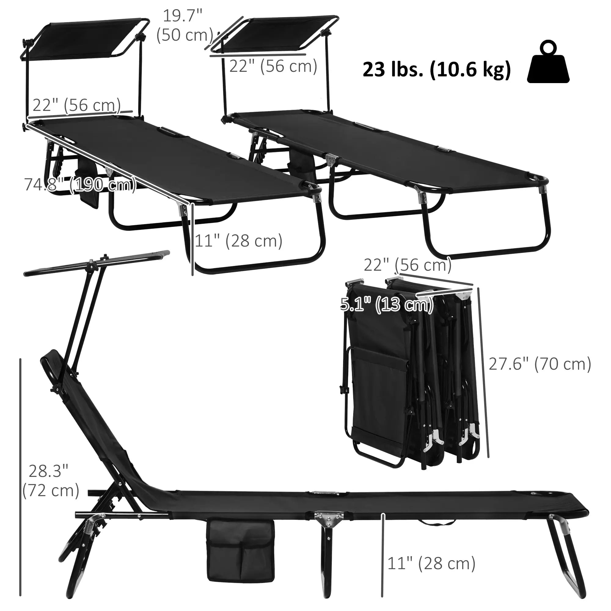 2 Piece Folding Chaise Lounges, Reclining Back, Sunshade, Black Lounger Chairs at Gallery Canada