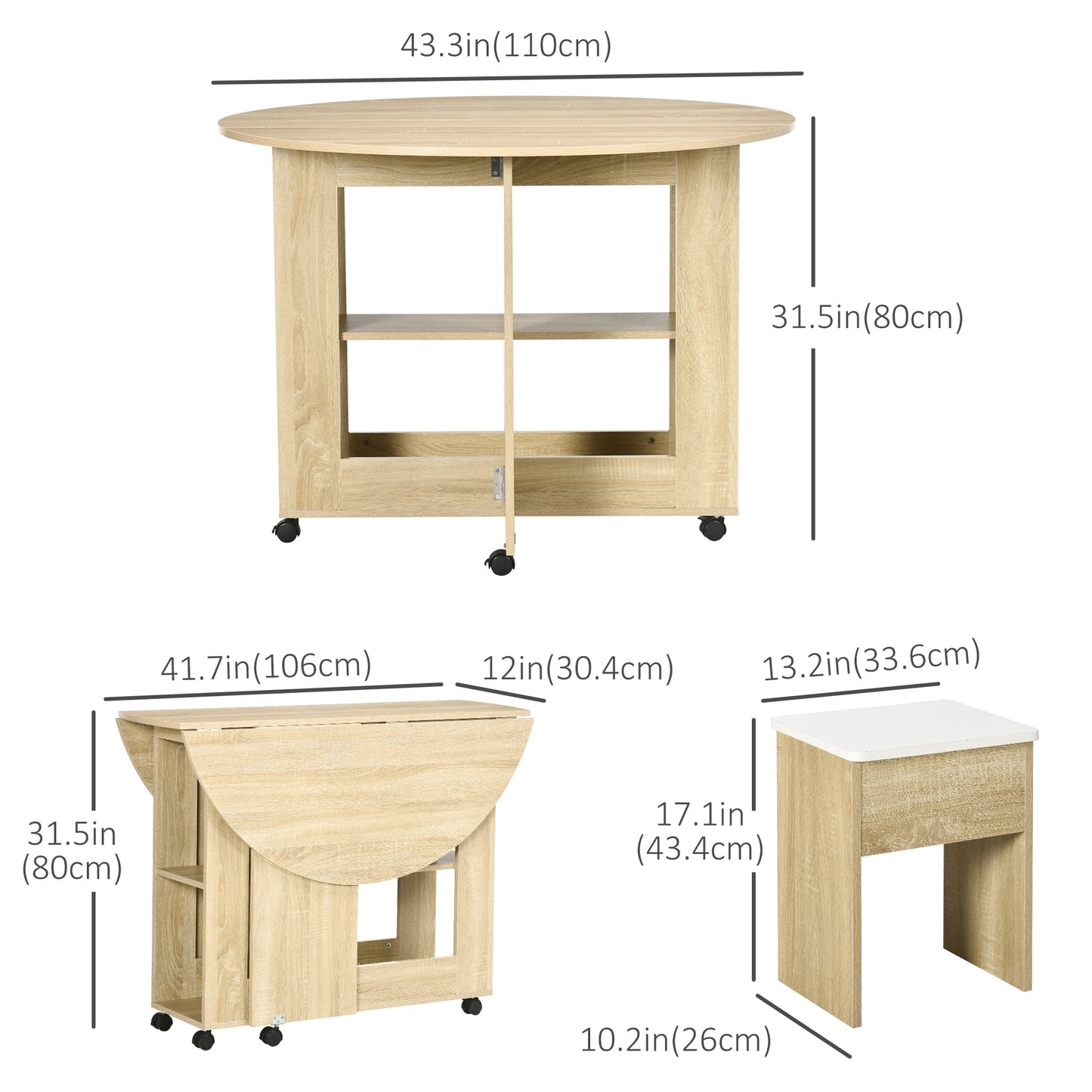 5 Pieces Dining Table Set, Kitchen Table and Chairs for 4 with Drop Leaf Table on Wheels, Stools, Storage, Oak - Gallery Canada