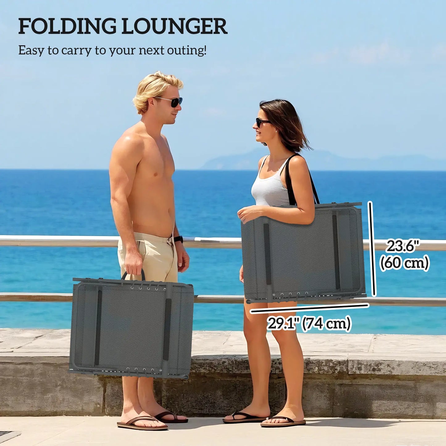 Folding Chaise Lounge Chair Set Of 2, With Cushion And Side Pocket, Grey Lounger Chairs at Gallery Canada