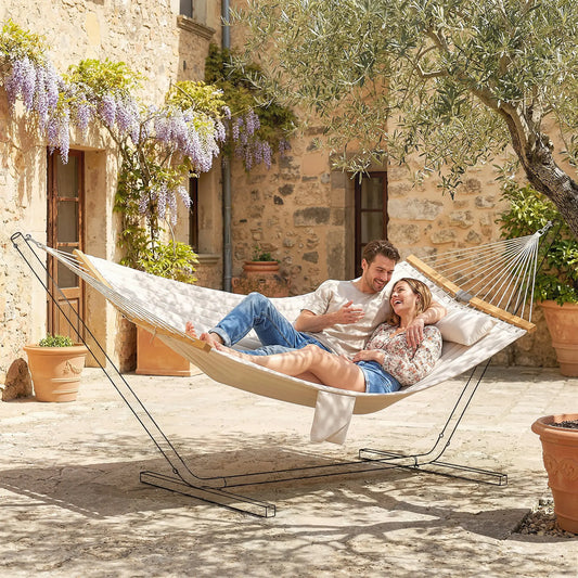 Outdoor Padded Camping Hammock With Pillow, 200 x 140 cm, Cream White Camping Hammocks Cream White, Natural Wood at Gallery Canada