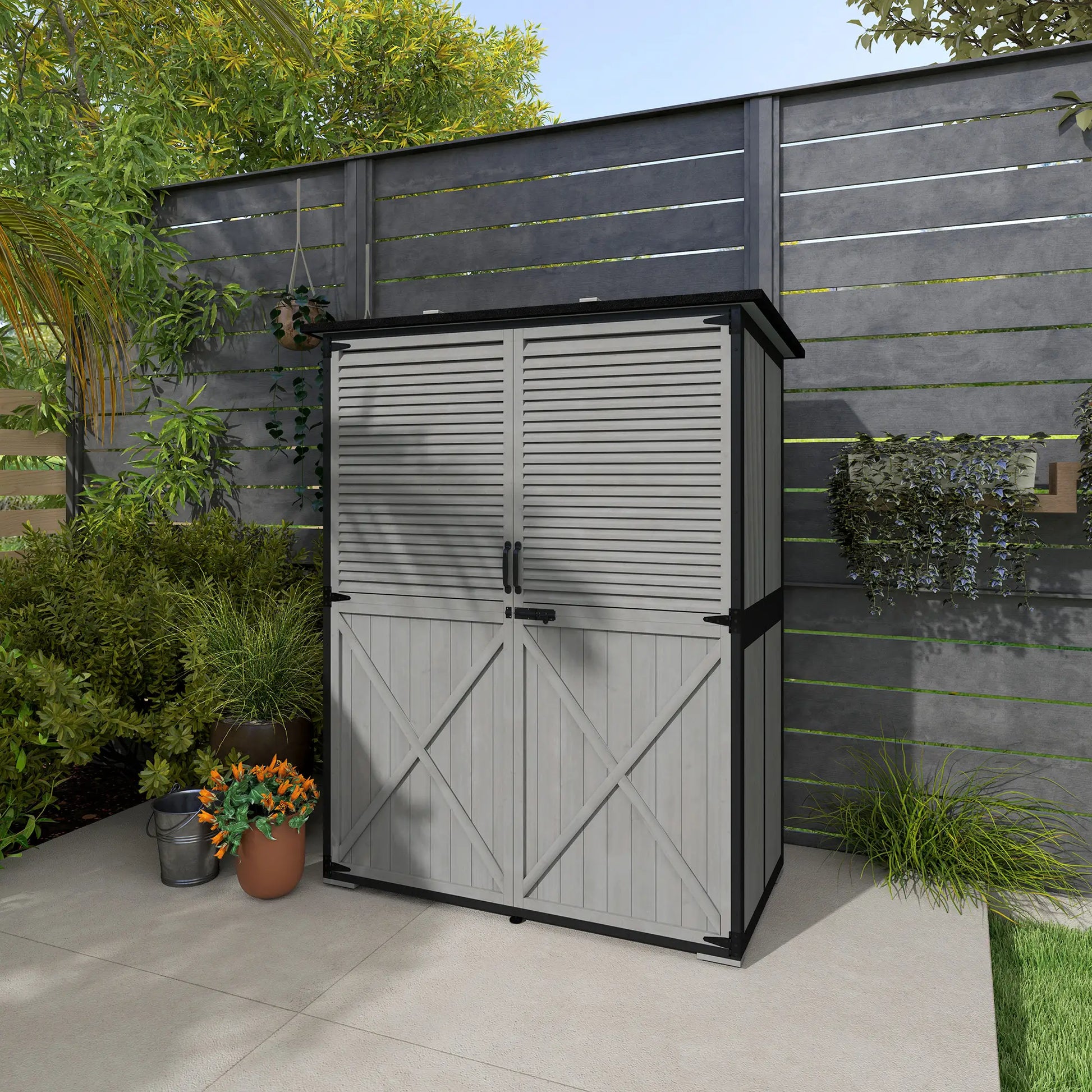 Outdoor Storage Cabinet, Wood Garden Shed, Steel Frame, Asphalt Roof, 2 Shelves, Lockable Doors, Grey Sheds at Gallery Canada