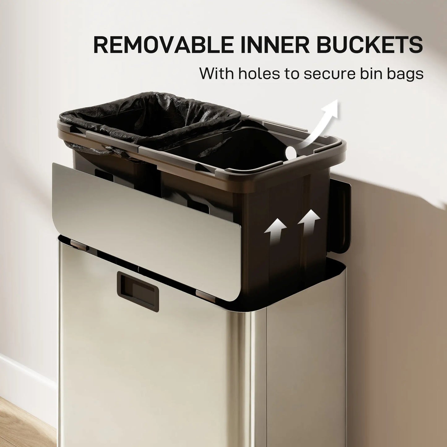 Dual Trash Can with Soft-Close Lid, Garbage Can with Removable Inner Bucket for Kitchen 14.8gal, Silver Household Supplies at Gallery Canada