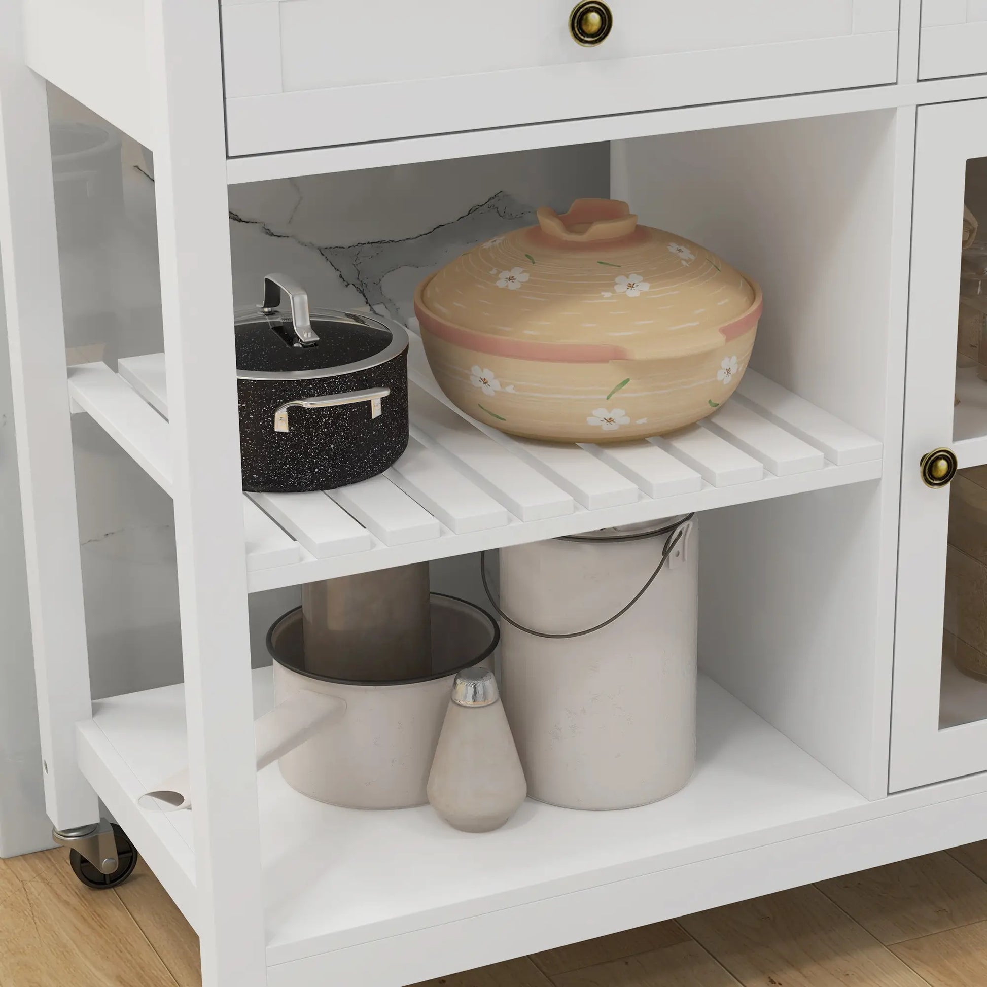 Kitchen Cart on Wheels, Utility Storage Island, Rubber Wood Top, White Kitchen Islands & Kitchen Carts at Gallery Canada