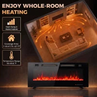 42" Electric Fireplace, Ultra-Thin Recessed, Wall Mounted, Black, Black