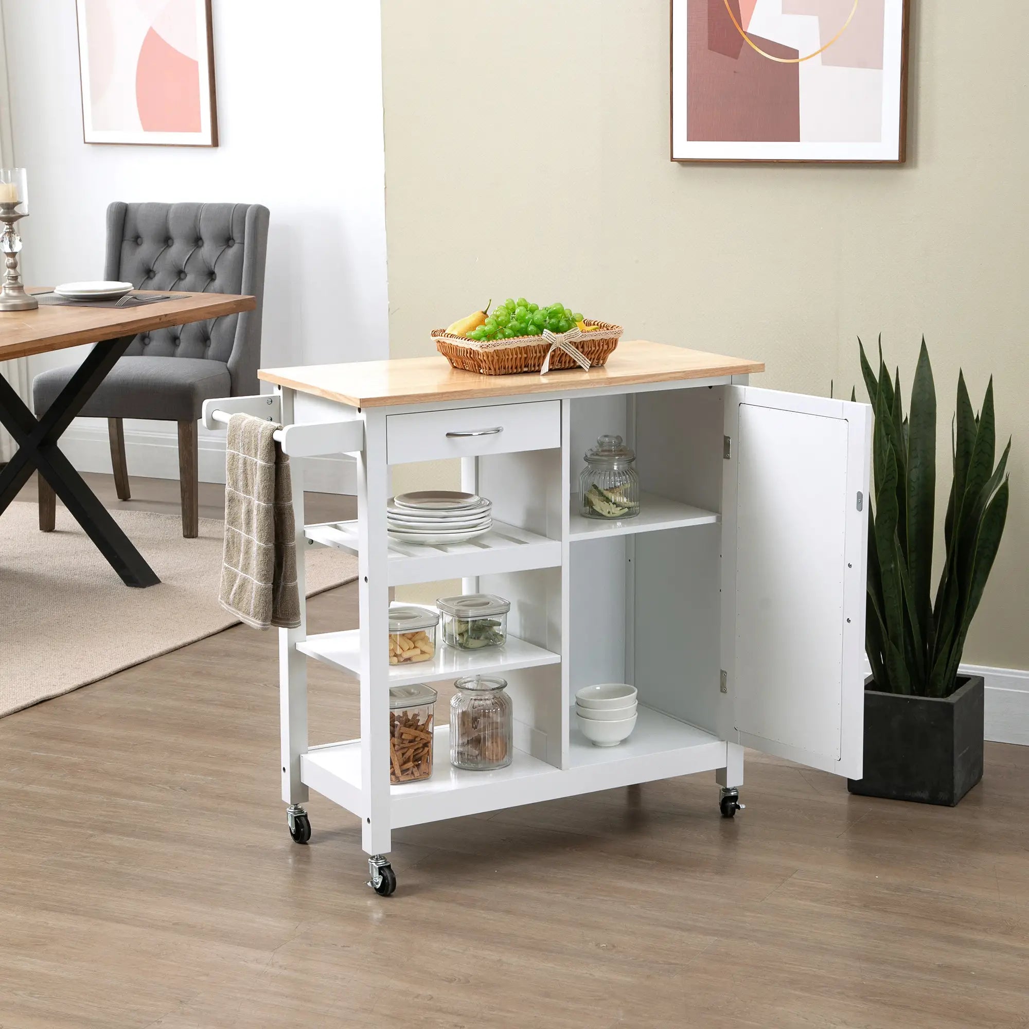 Kitchen Cart on Wheels, Embossed Door Panel, Storage Drawer, White Kitchen Islands & Kitchen Carts at Gallery Canada