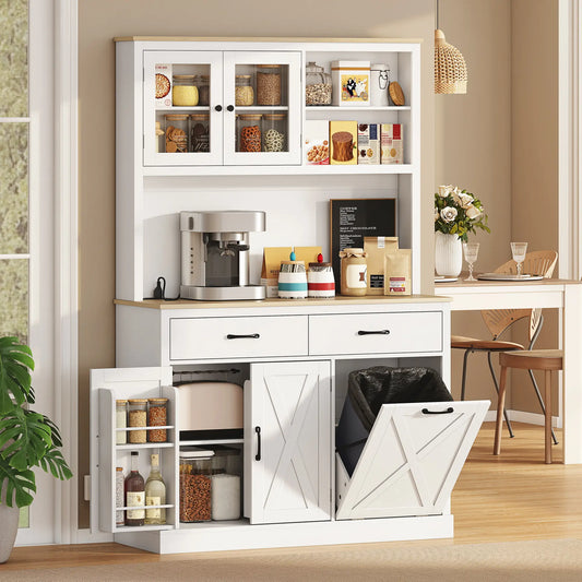69" Pantry Cabinet With Charging Station, Microwave Stand, Tilt-Out Trash Can, White