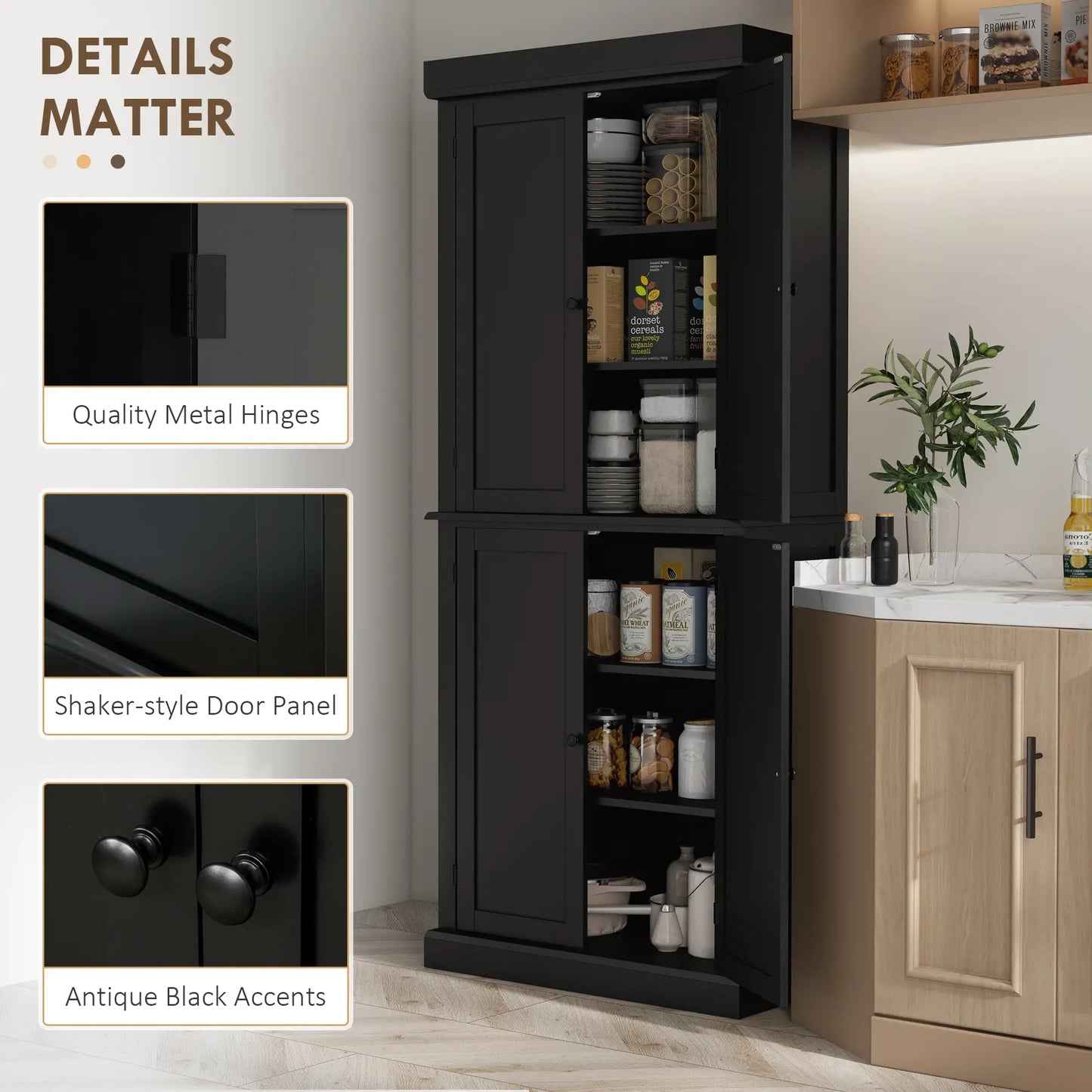 72.5" Freestanding Kitchen Pantry Cabinet with 4 Doors, Black Kitchen Pantry Cabinets at Gallery Canada