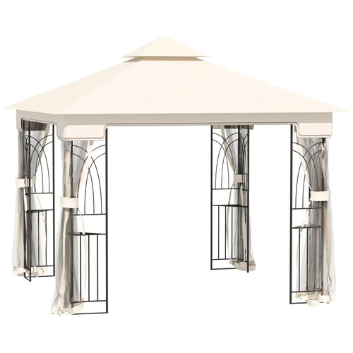 10'x10' Soft-Top Gazebo, Double Tier Roof, Mesh Curtains, Cream