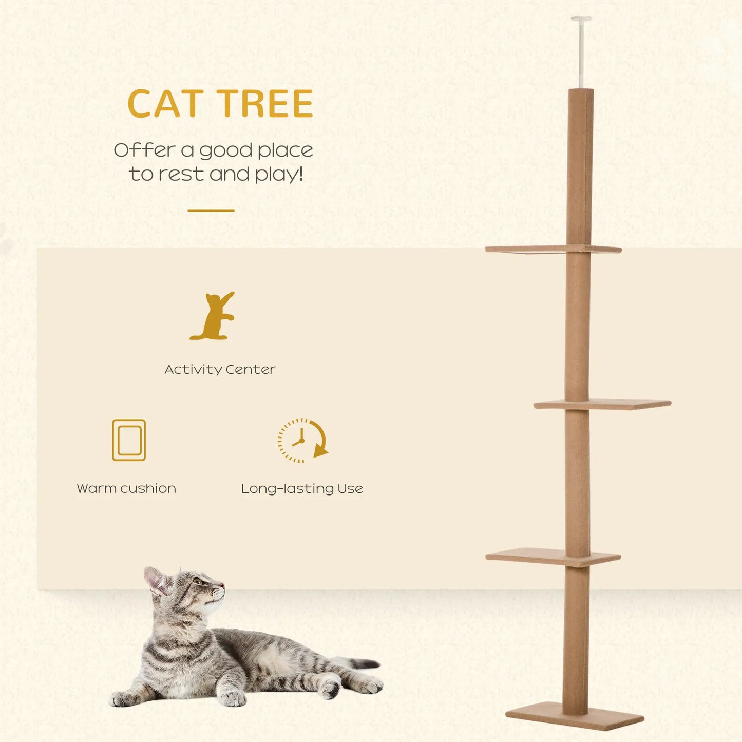 100" Floor To Ceiling Cat Tree, 3 Perches, Activity Center, Light Brown Floor to Ceiling Cat Trees at Gallery Canada