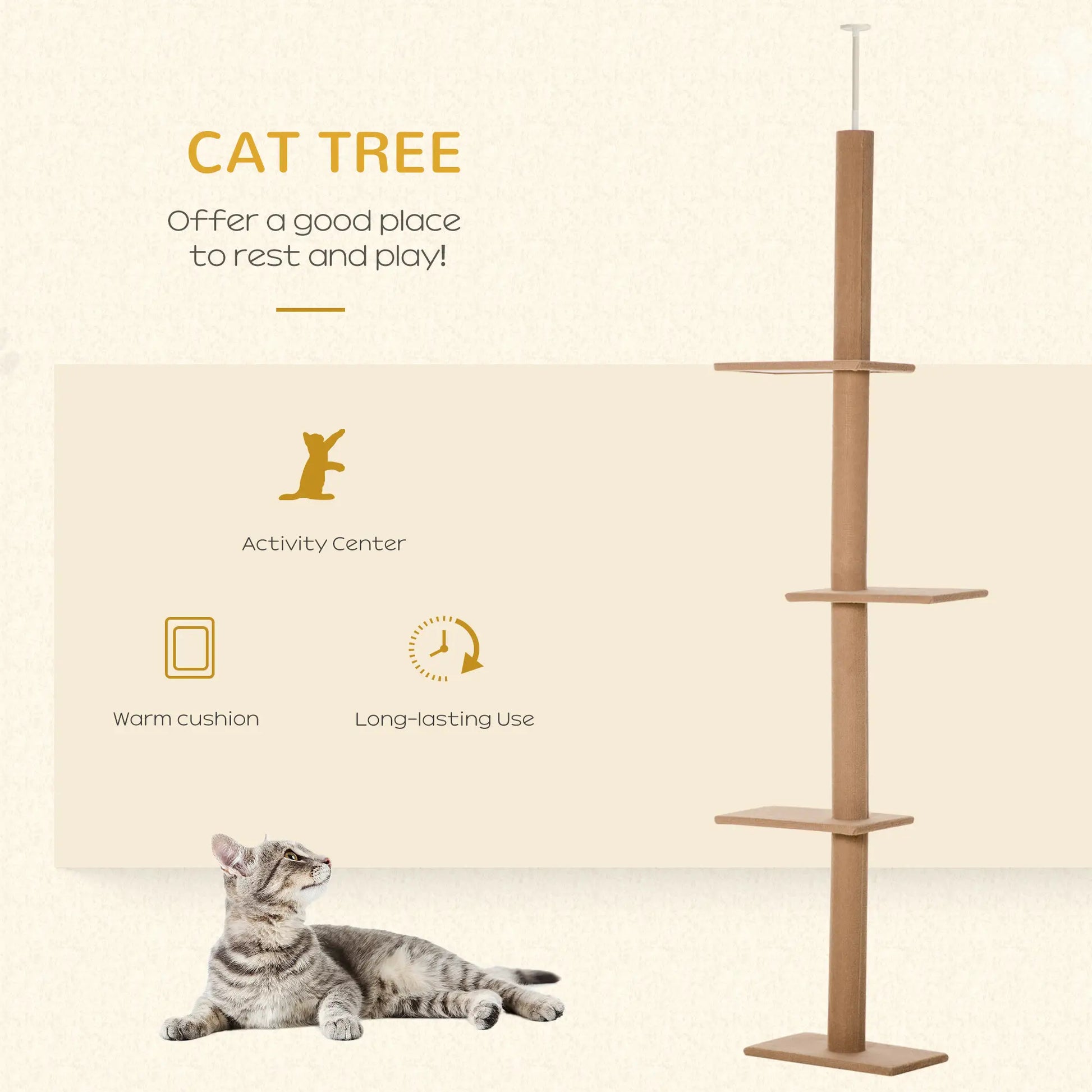 100" Floor To Ceiling Cat Tree, 3 Perches, Activity Center, Light Brown Floor to Ceiling Cat Trees at Gallery Canada