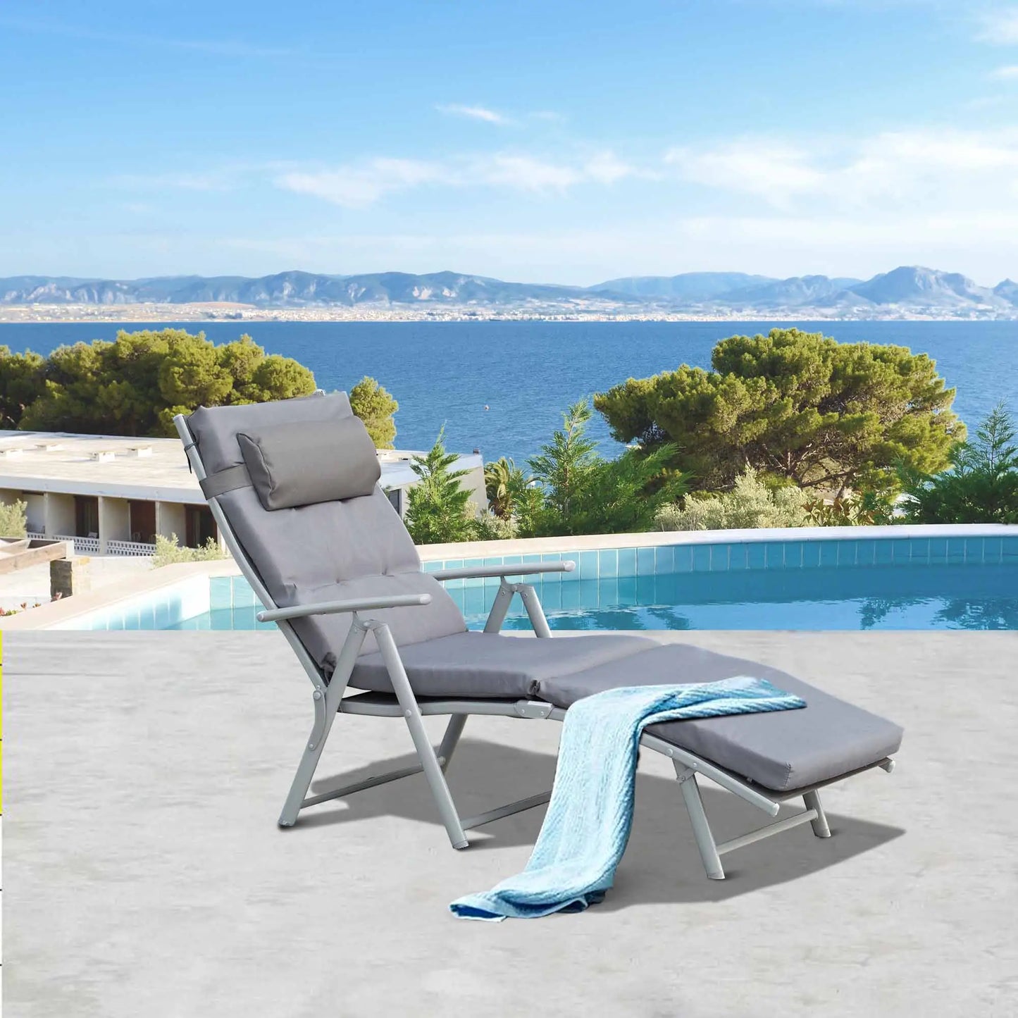 Outdoor Folding Chaise Lounge, Adjustable Backrest, Cushion, Headrest, Grey Lounger Chairs at Gallery Canada