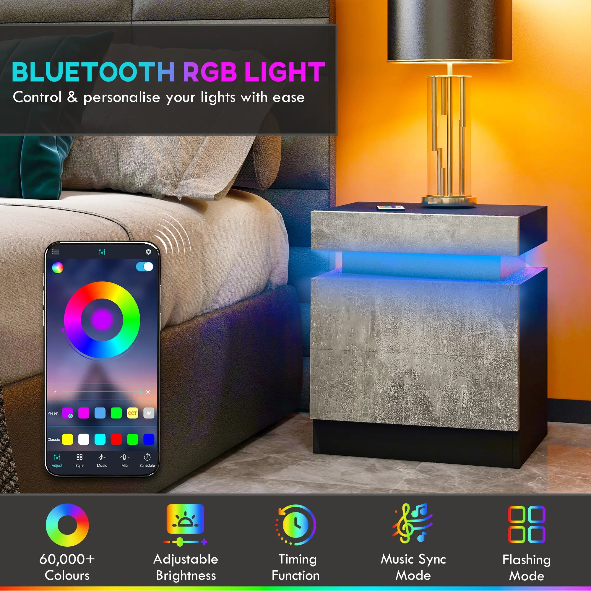 Nightstand, LED Lights, 2 Drawers, Cement Grey Bedside Tables at Gallery Canada