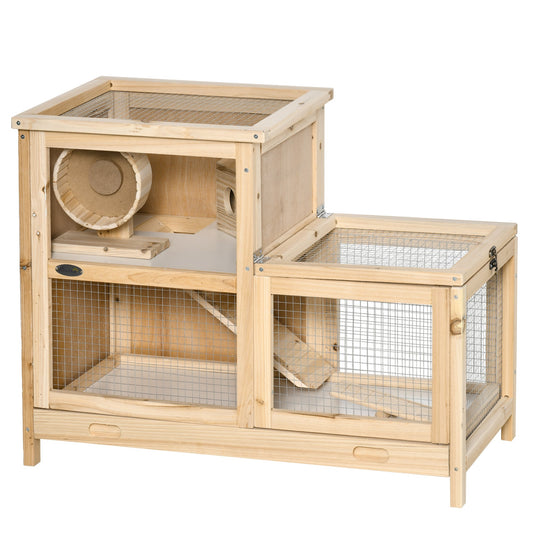 Wooden Hamster Cage, Mice Rodent Small Animals Kit Hutch, 2 Tiers Exercise Play House, with Sliding Tray, Ladder, Seesaw, Running Wheel, Openable Roofs, 31" x 16" x 23.5", Natural Wood - Gallery Canada