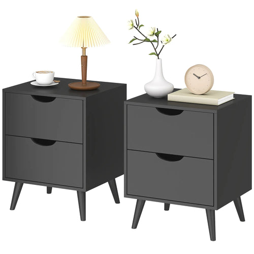 Modern Bedside Table Set Of 2, 2 Drawers, Pine Wood Legs, Black
