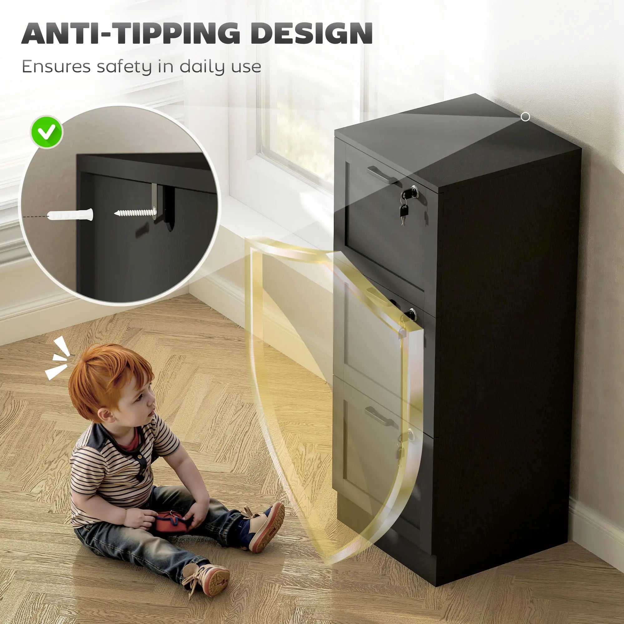 Vertical 3-Drawer Filing Cabinet, Lock, A4 Letter Size, Black Office Cabinets & Cupboards at Gallery Canada