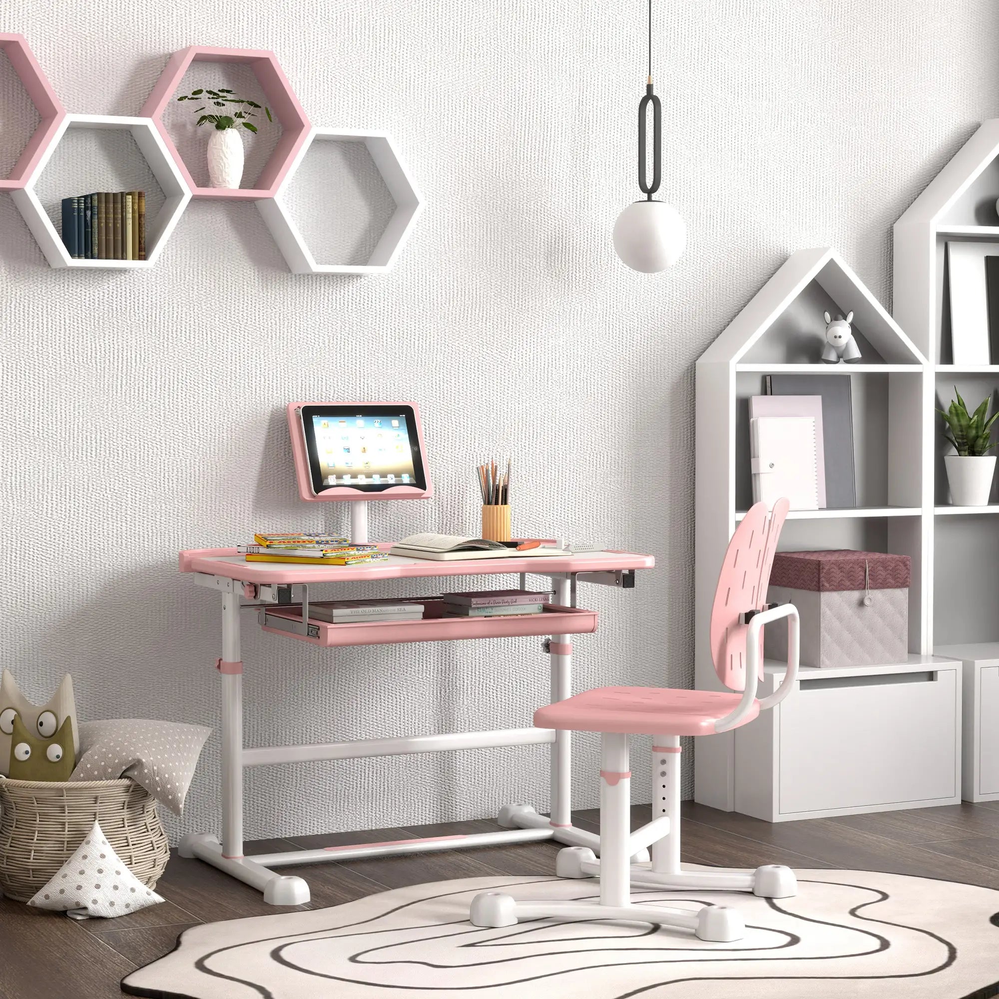 Adjustable Kids Desk and Chair Set, Tilt Desktop, Large Writing Board, Pink Kids Desk Sets at Gallery Canada
