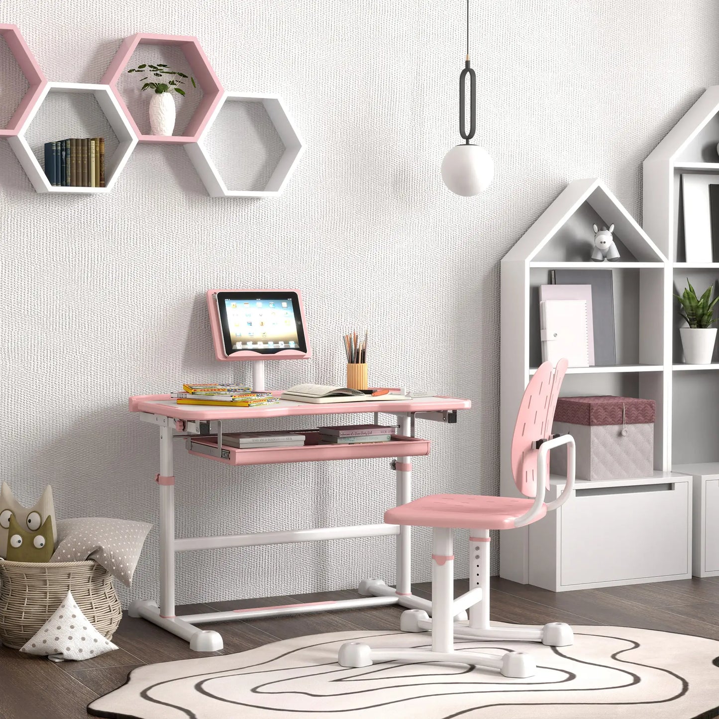Adjustable Kids Desk and Chair Set, Tilt Desktop, Large Writing Board, Pink Kids Desk Sets at Gallery Canada