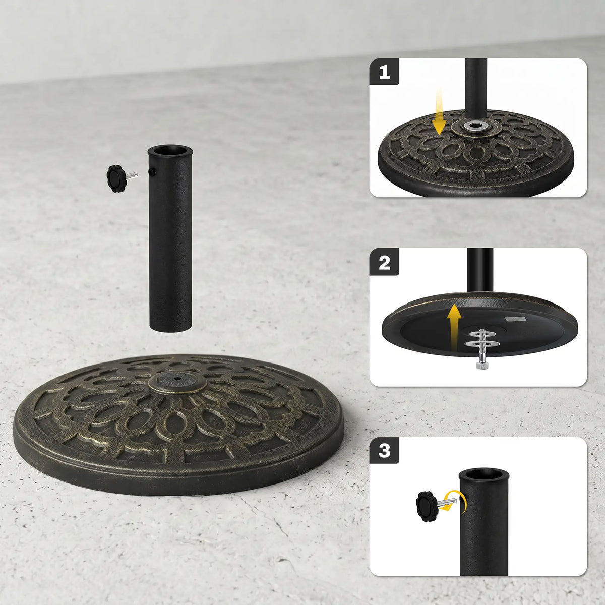26 lbs Resin Umbrella Base, Round Market Parasol Holder, Φ1.5", Φ1.89" Pole, Bronze Umbrella Bases at Gallery Canada