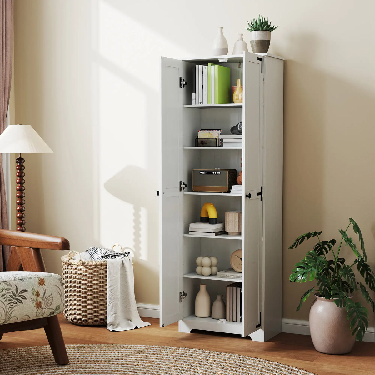 67" Farmhouse Pantry Cabinet, 2 Doors, Adjustable Shelves, Distressed, White Storage Cabinets at Gallery Canada