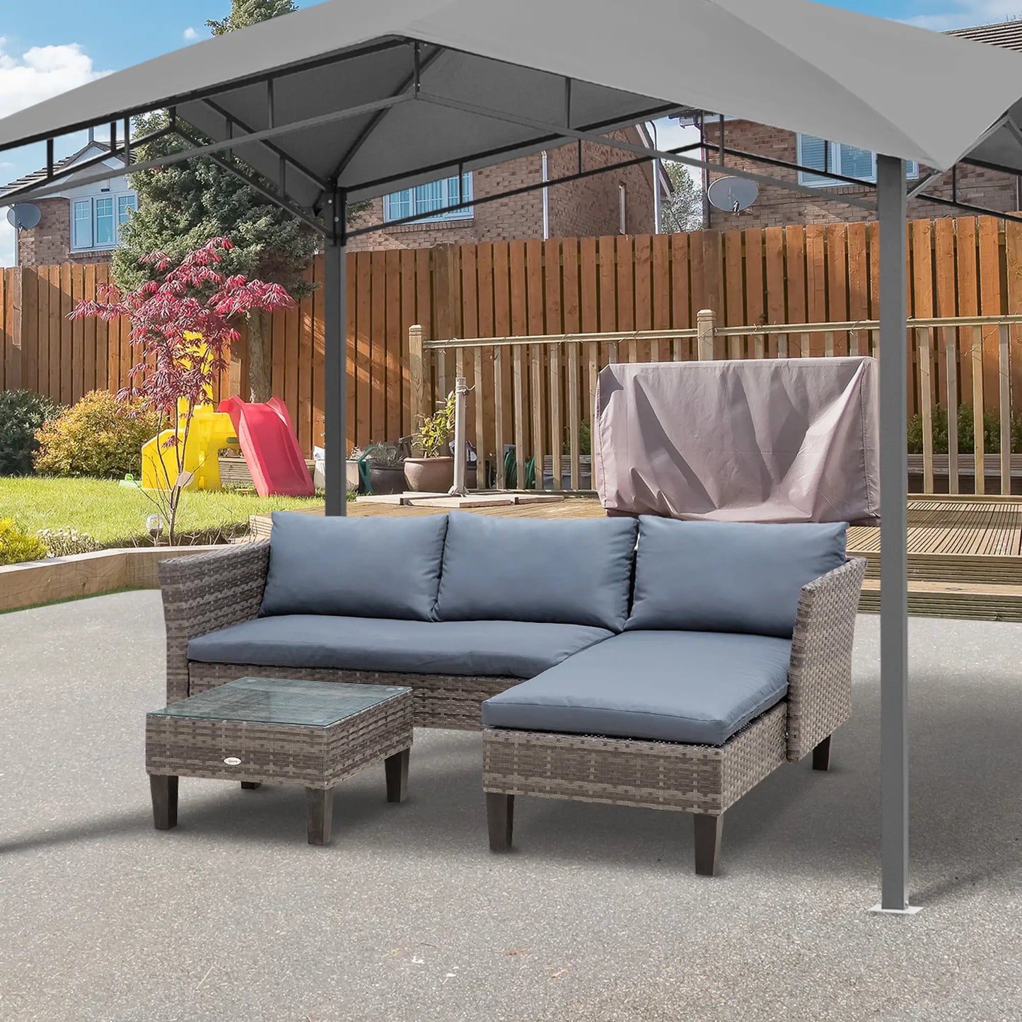 3-Piece Wicker Patio Set, Outdoor Sofa with Glass Table, Grey Patio Furniture Sets at Gallery Canada