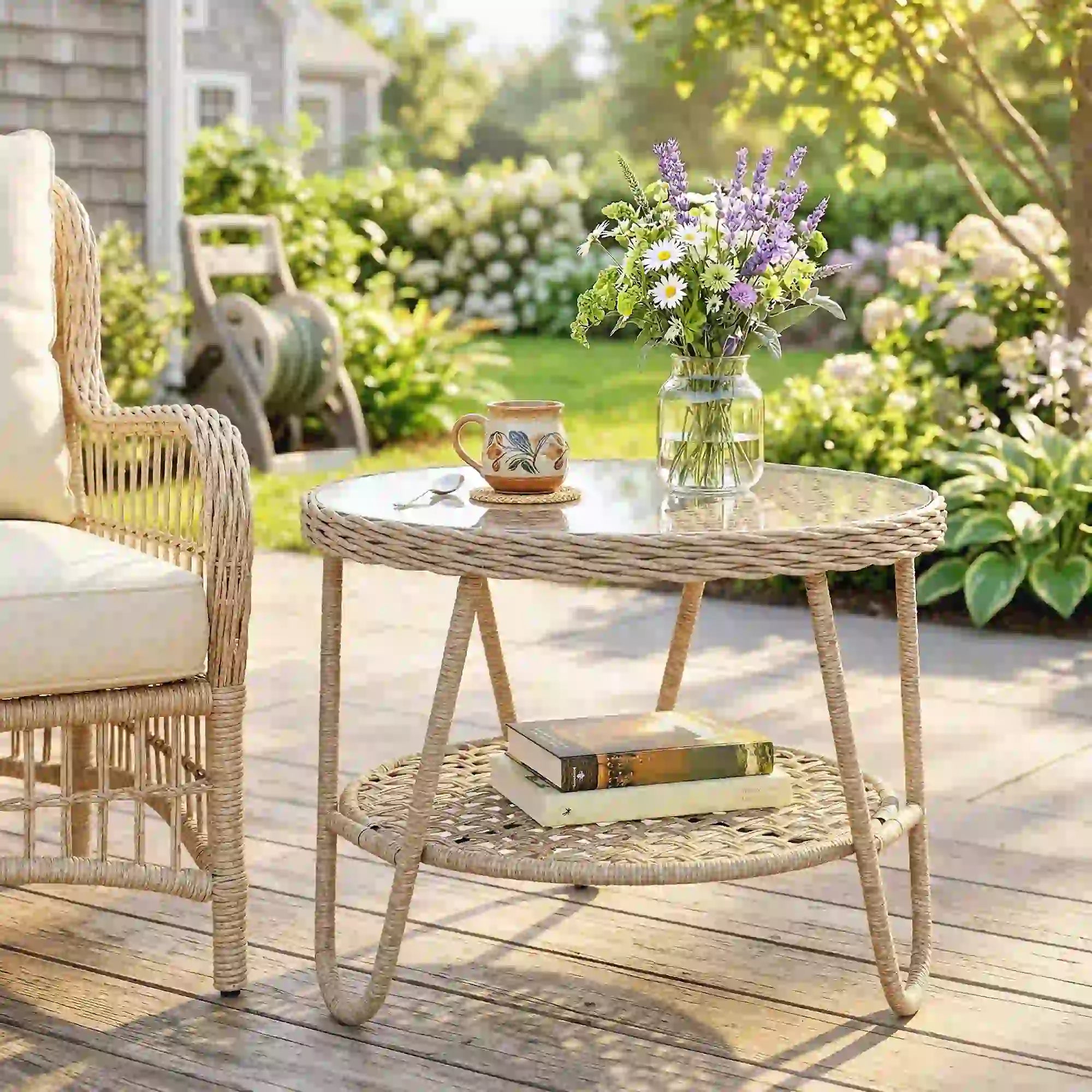 Rattan Outdoor Coffee Table, 2-Tier Small Garden Side Table, Tempered Glass Top Patio Side Tables at Gallery Canada