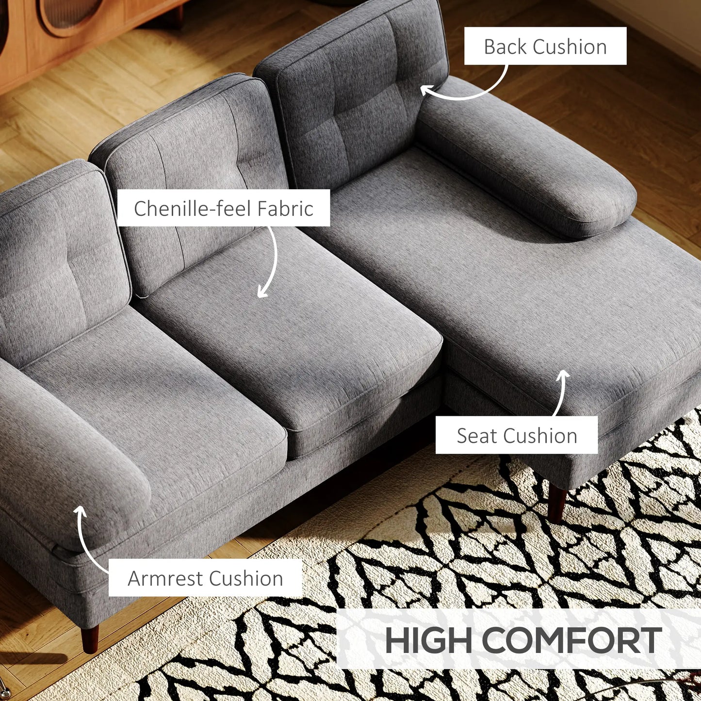Modern Corner Couch with Right Chaise Lounge, Tufted 3-Seater Sofa with Wooden Legs for Living Room, Grey 3-Seater Sofas at Gallery Canada