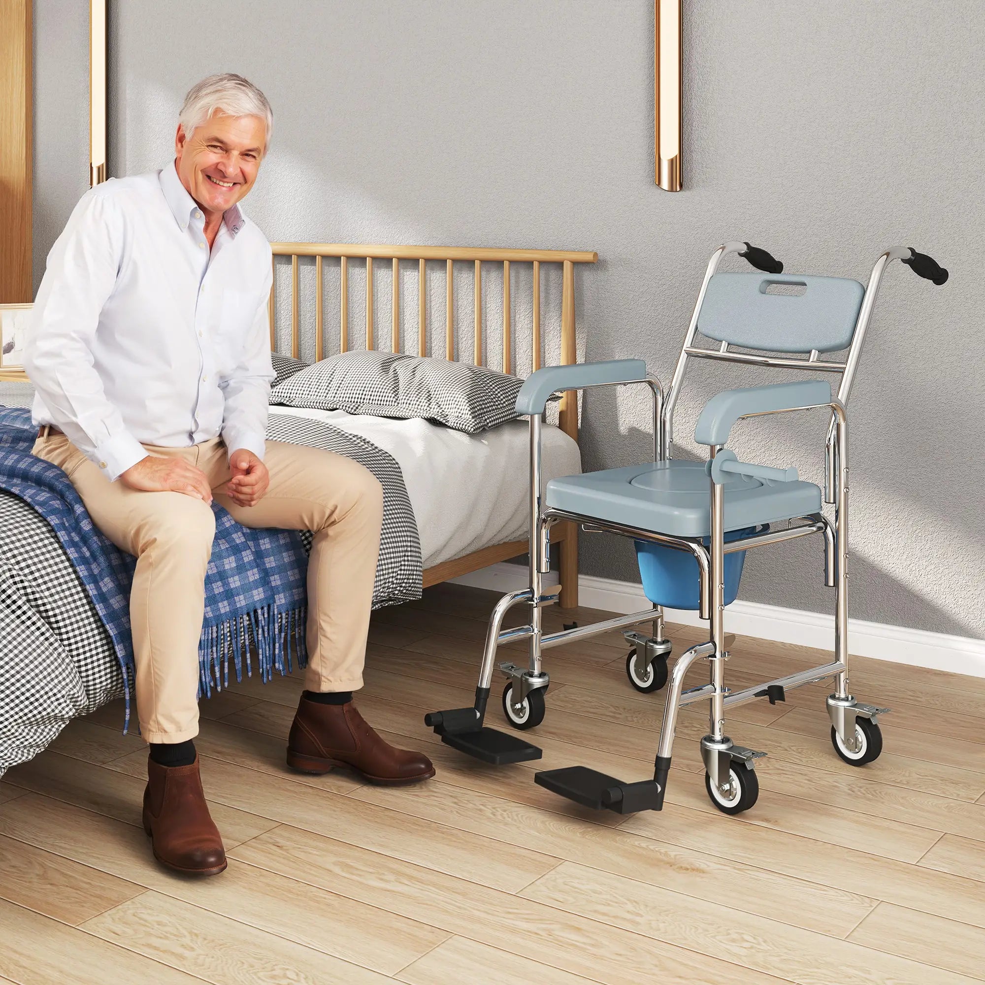 Rolling Shower Chair, Commode with Wheels, Backrest, Arms, Flip Footrests, Grey Bath Chairs at Gallery Canada