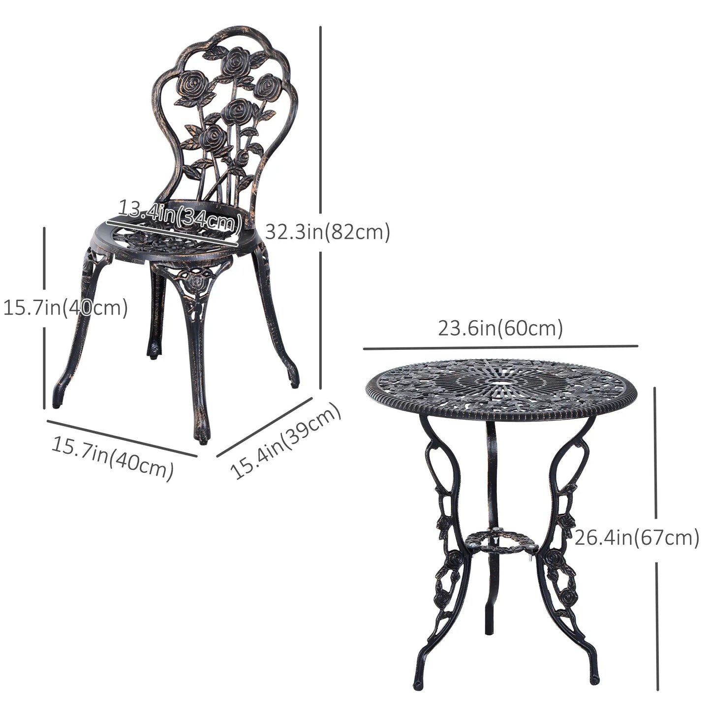 3 Pc Aluminum Bistro Set, Outdoor Patio Table and Chairs, Floral, Bronze Bistro Sets at Gallery Canada