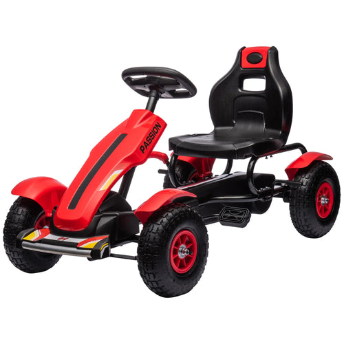 Kids Pedal Go Kart, Adjustable Bucket, Handbrake, 4 Rubber Wheels, Red