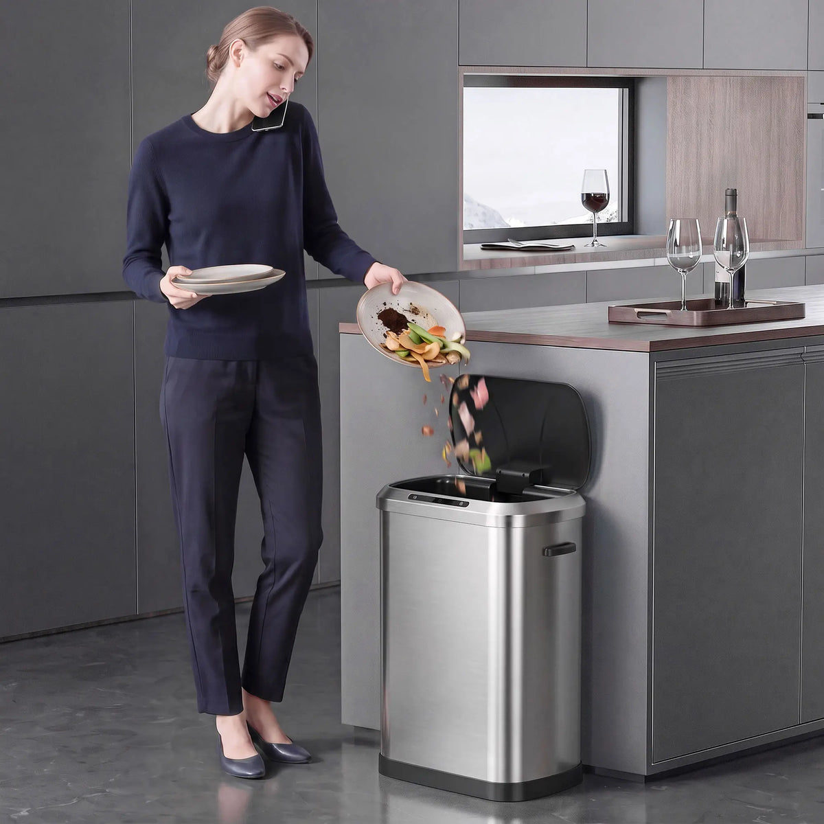 Automatic Trash Can, 13.2Gal / 50L, Touchless, Soft-Close Lid, Silver