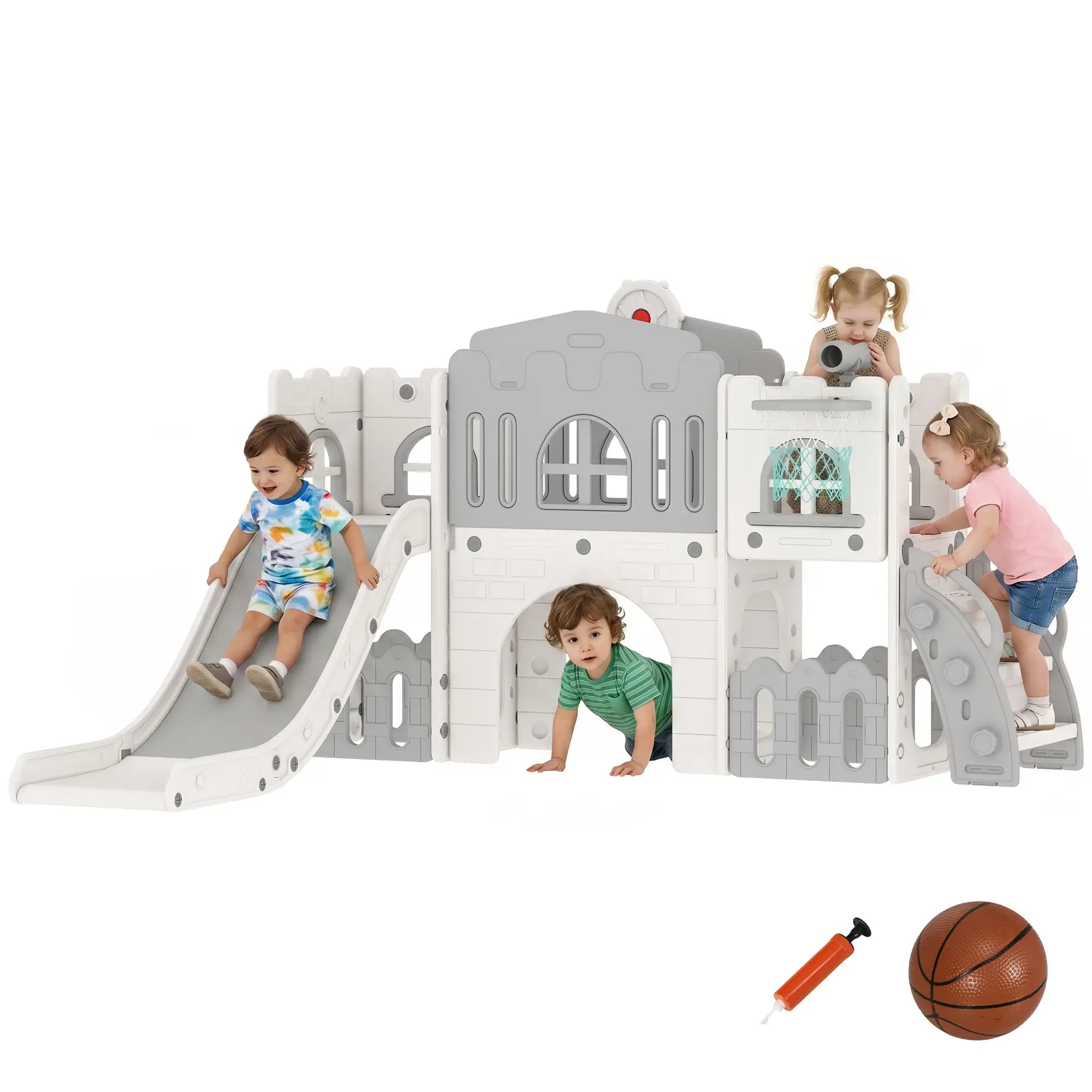 7-In-1 Toddler Slide With Basketball Hoop, Climber, Tunnel, Grey Gym Sets & Swings at Gallery Canada