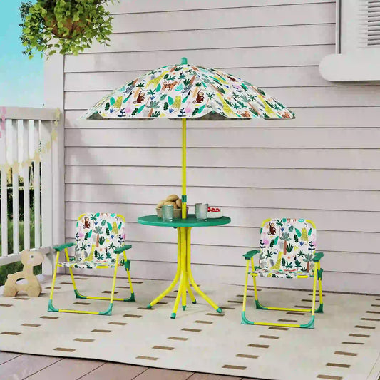 Kids Picnic Table Set, 2 Folding Chairs, Umbrella, Green Kids Outdoor Furniture Green, Yellow, White at Gallery Canada