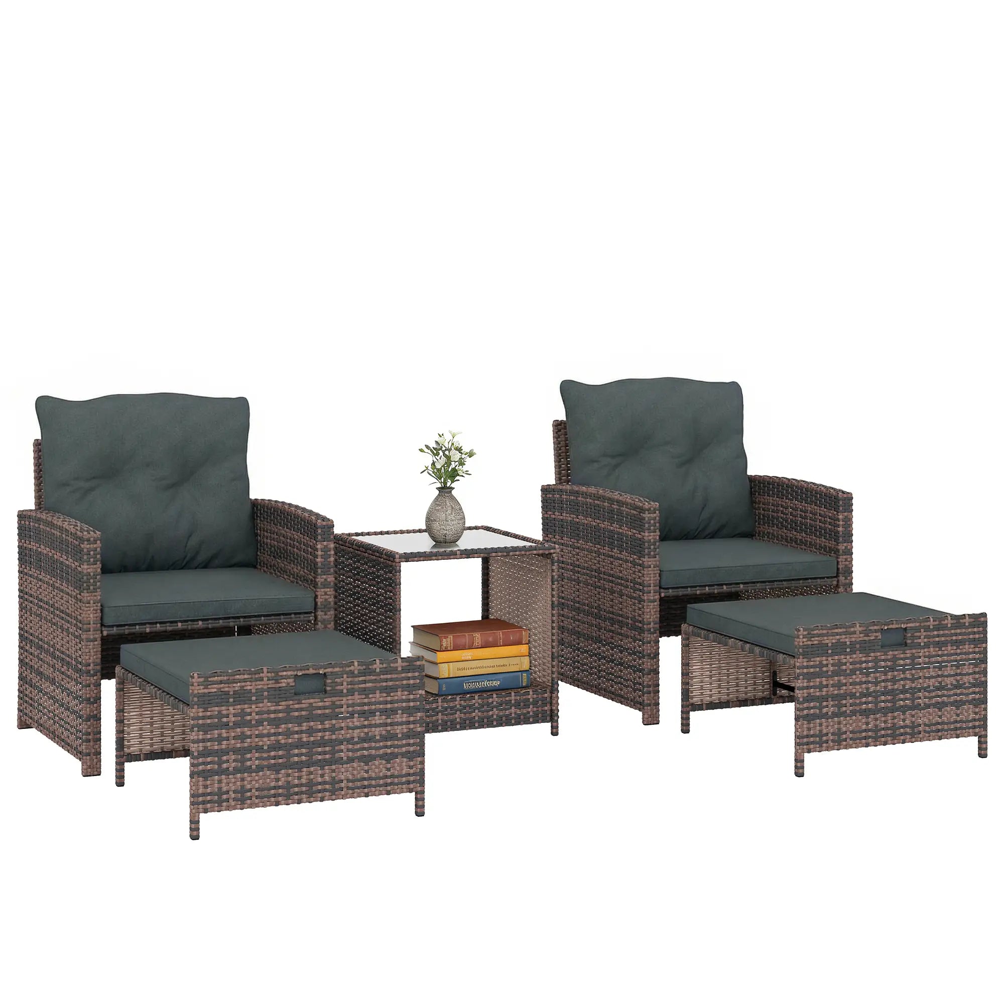5 Piece Patio Furniture Set, Wicker Chairs, 2-Tier Glass Table, Brown/Dark Grey Patio Furniture Sets at Gallery Canada