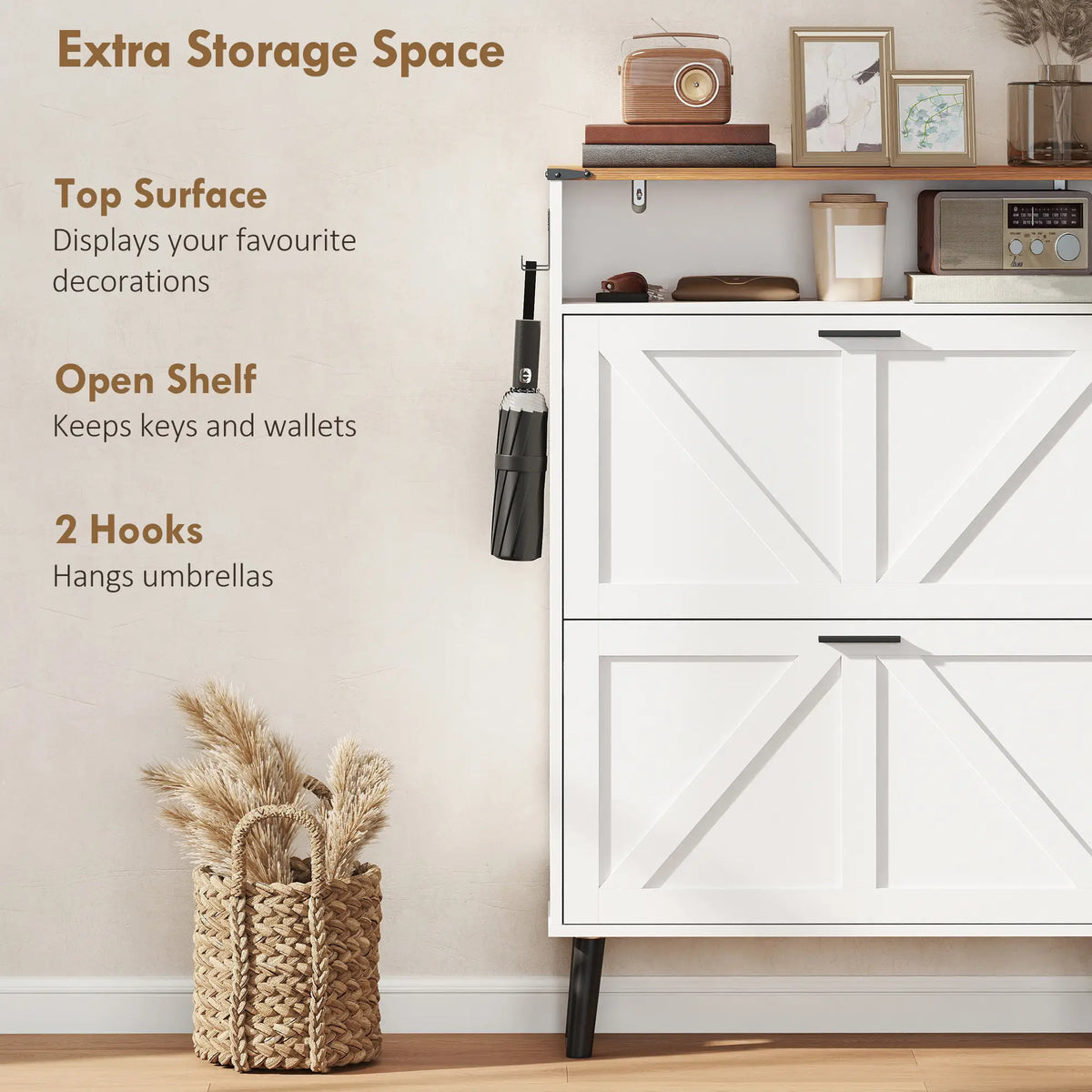 Shoe Storage Cabinet With 2 Flip Drawers, Farmhouse Narrow, White Shoe Storage Cabinets & Racks at Gallery Canada