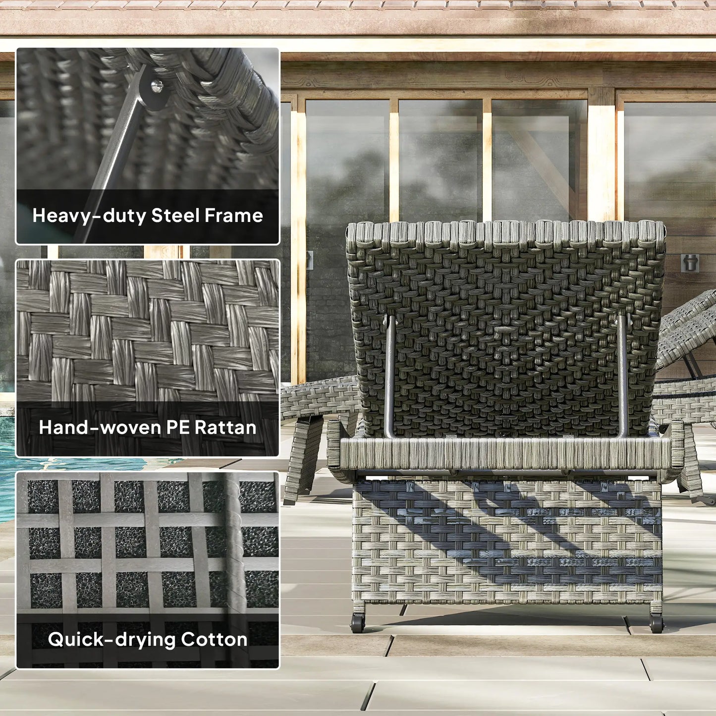 Folding Wicker Outdoor Chaise Lounge, 4-Level Adjustable Backrest, Grey Wicker Chaise Loungers at Gallery Canada