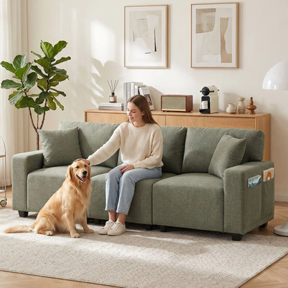 3 Seater Sofa With Storage Pockets, Modern Upholstered Couch, Green