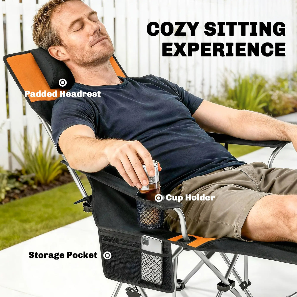 Reclining Camping Chair Set With Foot Rest, Headrest, Cup Holder, Storage Bag, Orange