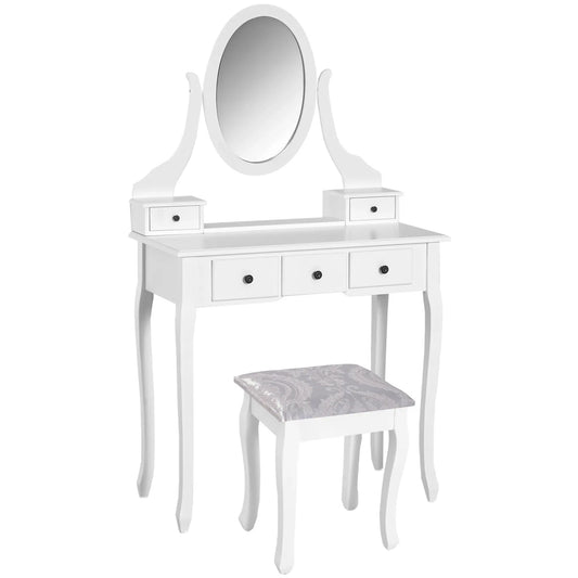 Wooden Vanity Table Set, Makeup Dressing Table with 360° Rotating, 5 Drawers and Padded Stool, White Dressing & Vanity Tables White at Gallery Canada