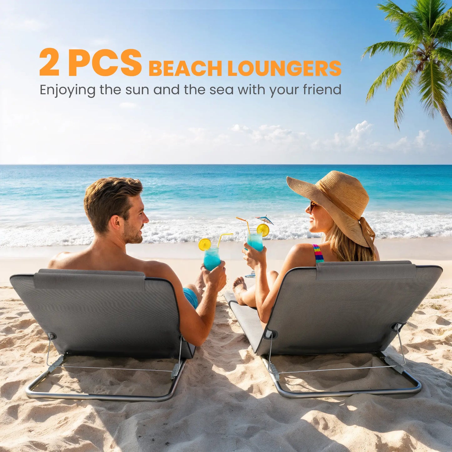2 Pieces Beach Lounge Chair, Outdoor Folding Chaise, Grey Lounger Chairs at Gallery Canada