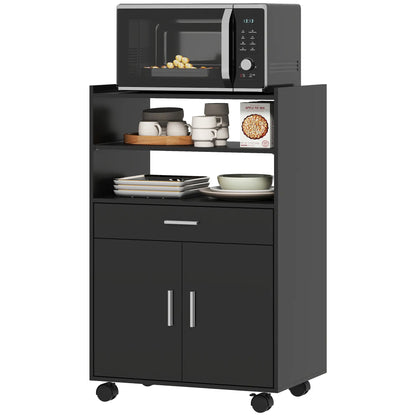 Microwave Cart with Wheels, Open Shelves and Drawer, Black Kitchen Islands & Kitchen Carts Black at Gallery Canada