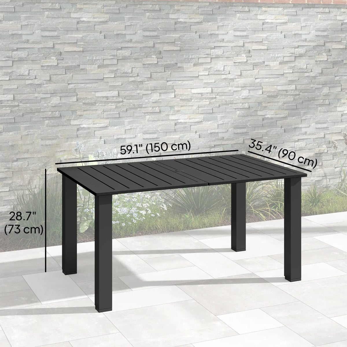 59" Outdoor Patio Table With Umbrella Hole, Slatted Tabletop, Black Patio Dining Tables at Gallery Canada
