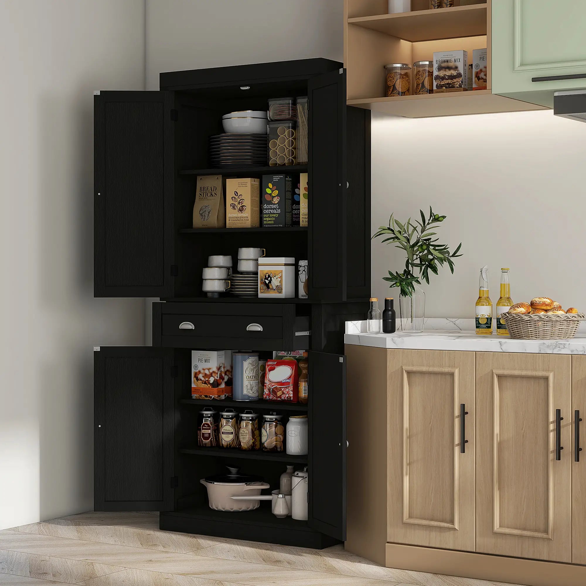 72 Inch Tall Pantry Cabinet, 4 Door Kitchen Storage, Black Wood Grain, Black Kitchen Pantry Cabinets at Gallery Canada