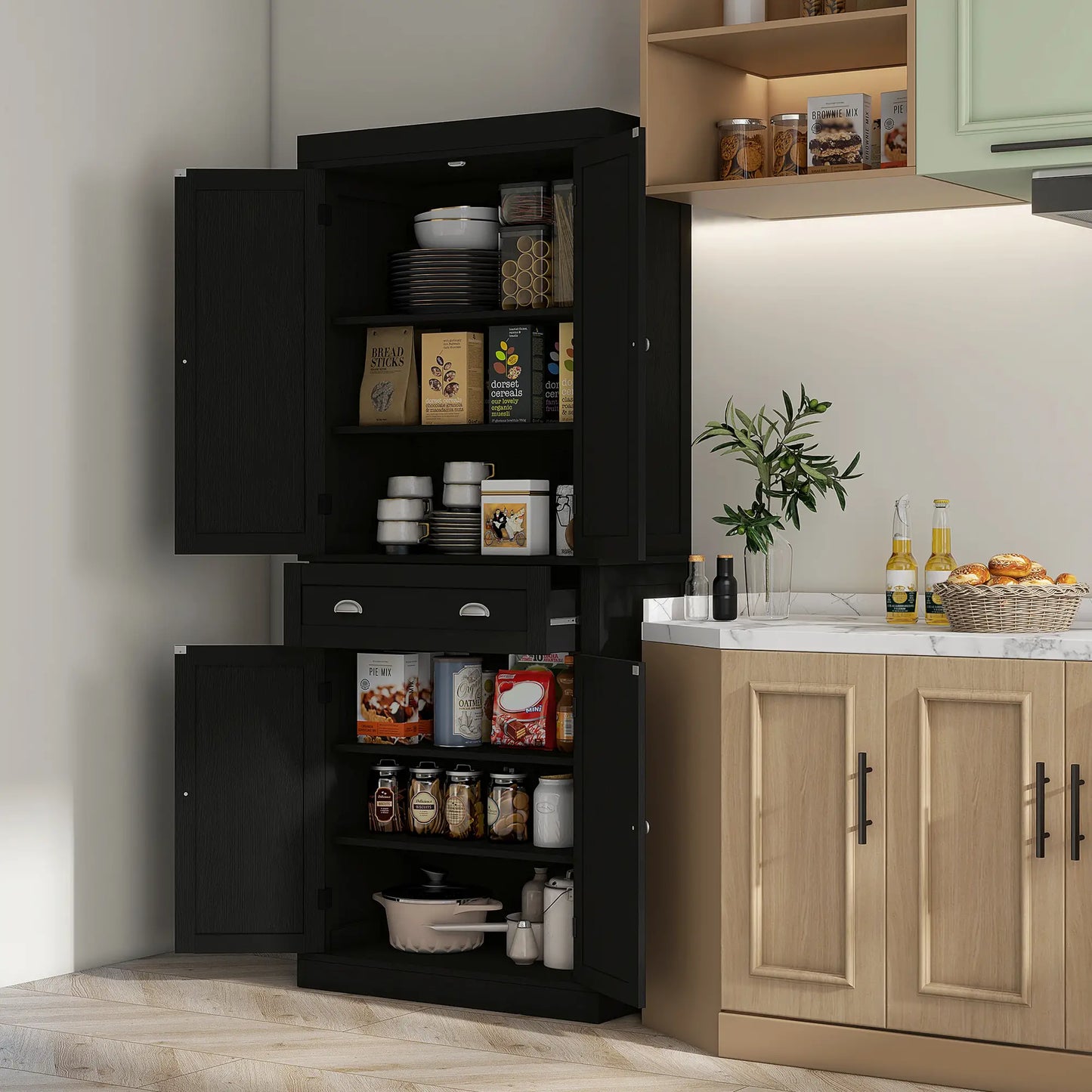 72 Inch Tall Pantry Cabinet, 4 Door Kitchen Storage, Black Wood Grain, Black Kitchen Pantry Cabinets at Gallery Canada