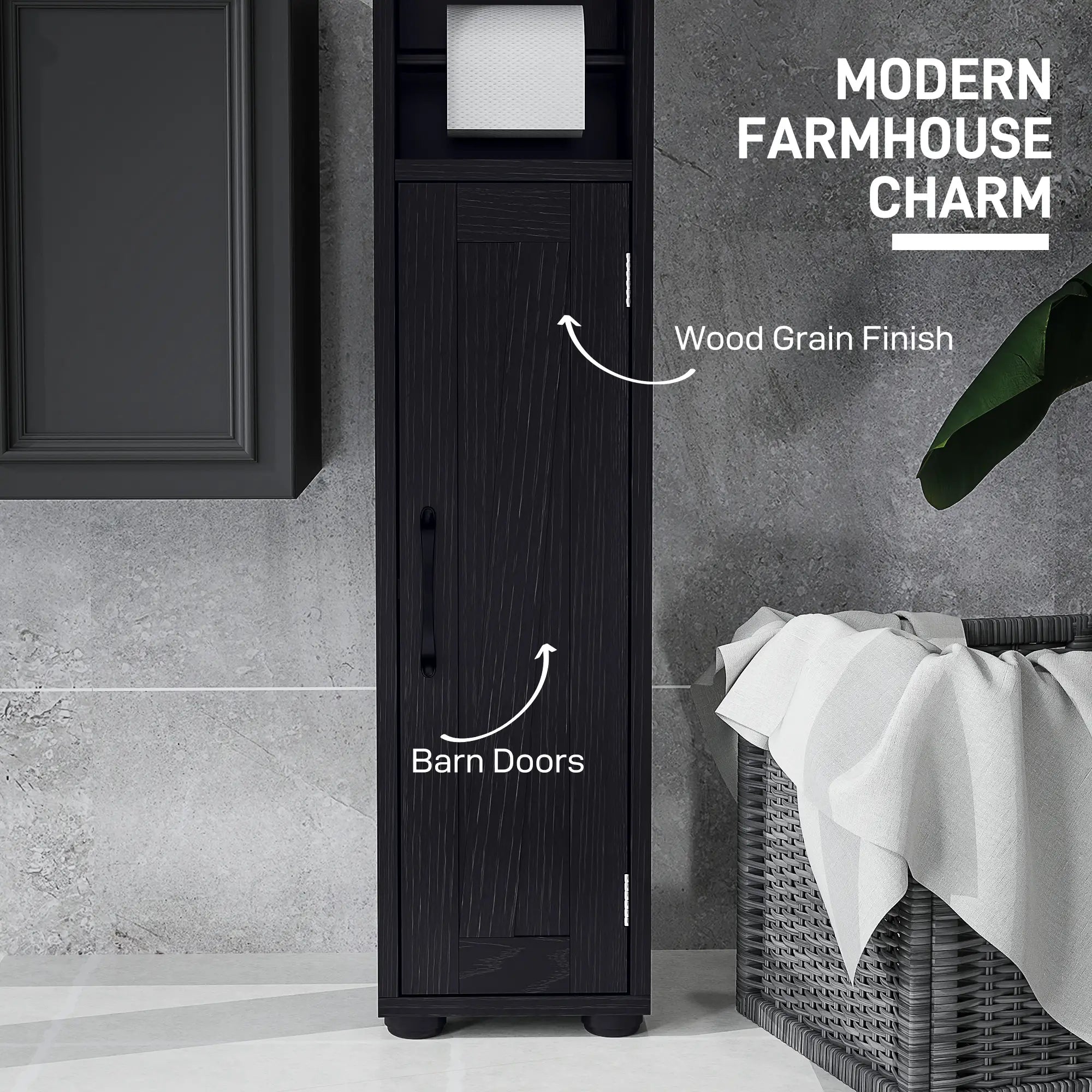 Narrow Bathroom Cabinet, Tall Storage with Barn Doors, Wood Grain, Black Bathroom Cabinets at Gallery Canada
