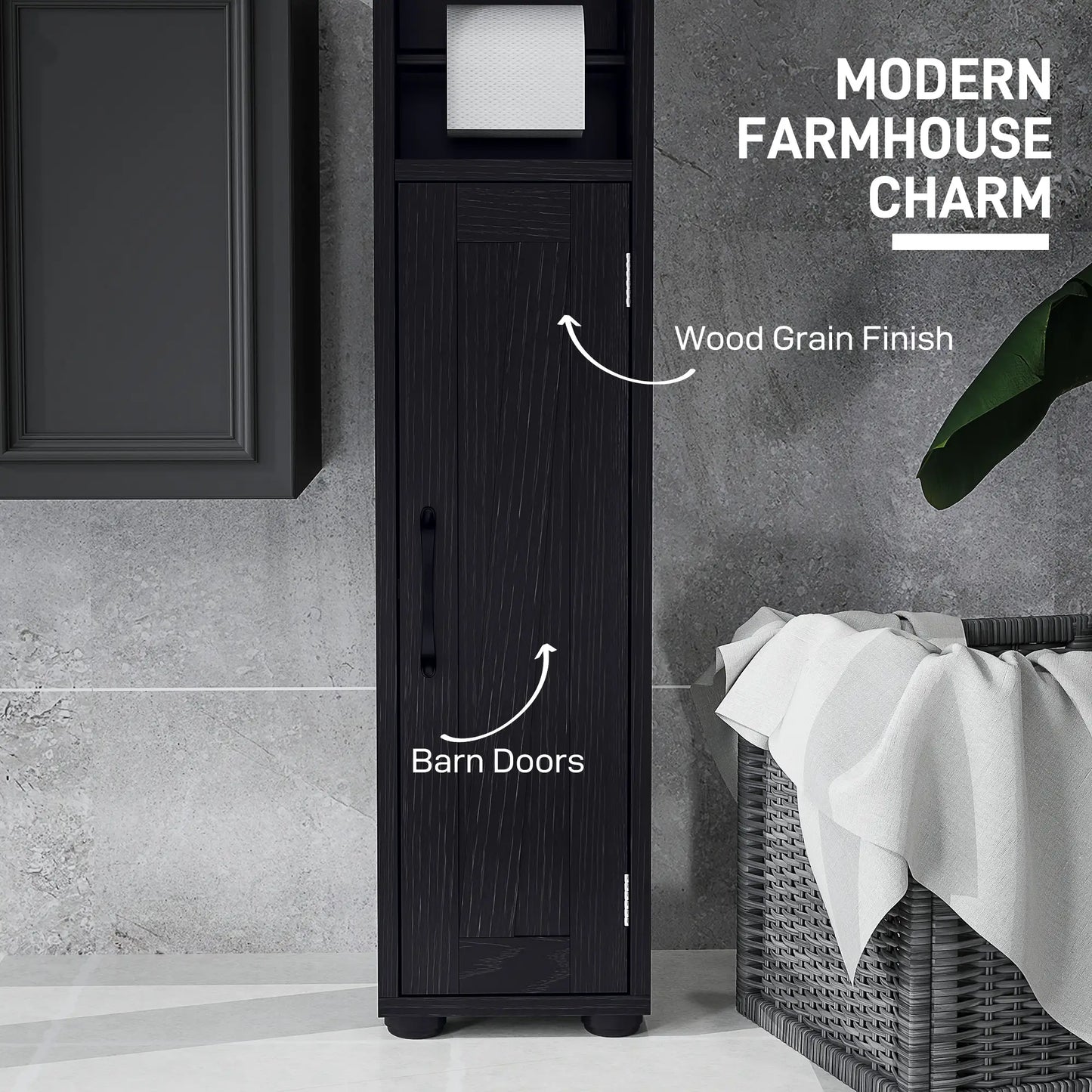 Narrow Bathroom Cabinet, Tall Storage with Barn Doors, Wood Grain, Black Bathroom Cabinets at Gallery Canada