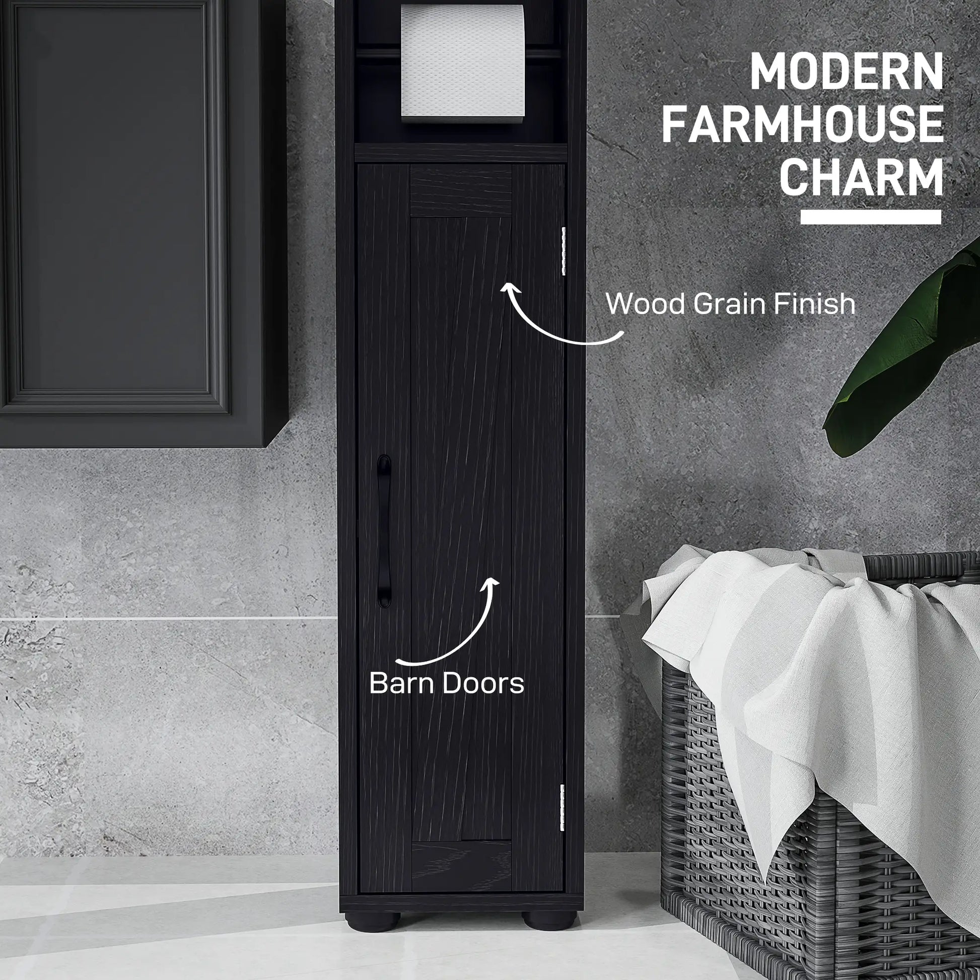 Narrow Bathroom Cabinet, Tall Storage with Barn Doors, Wood Grain, Black Bathroom Cabinets at Gallery Canada