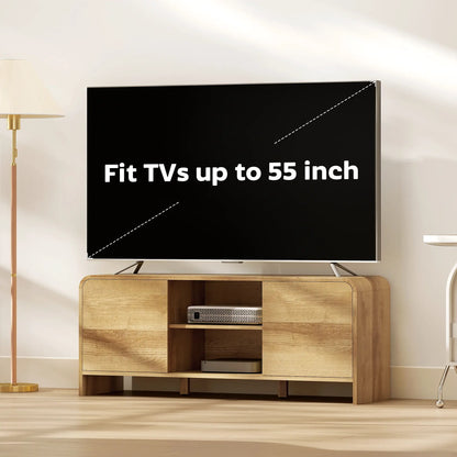 TV Stand For 55 Inch TV, Natural Wood Entertainment Center With 2 Cabinets